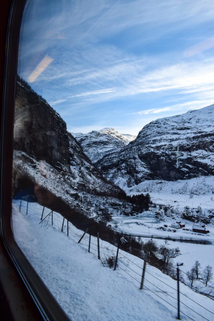 View in the snow out the window on the Flam railway
