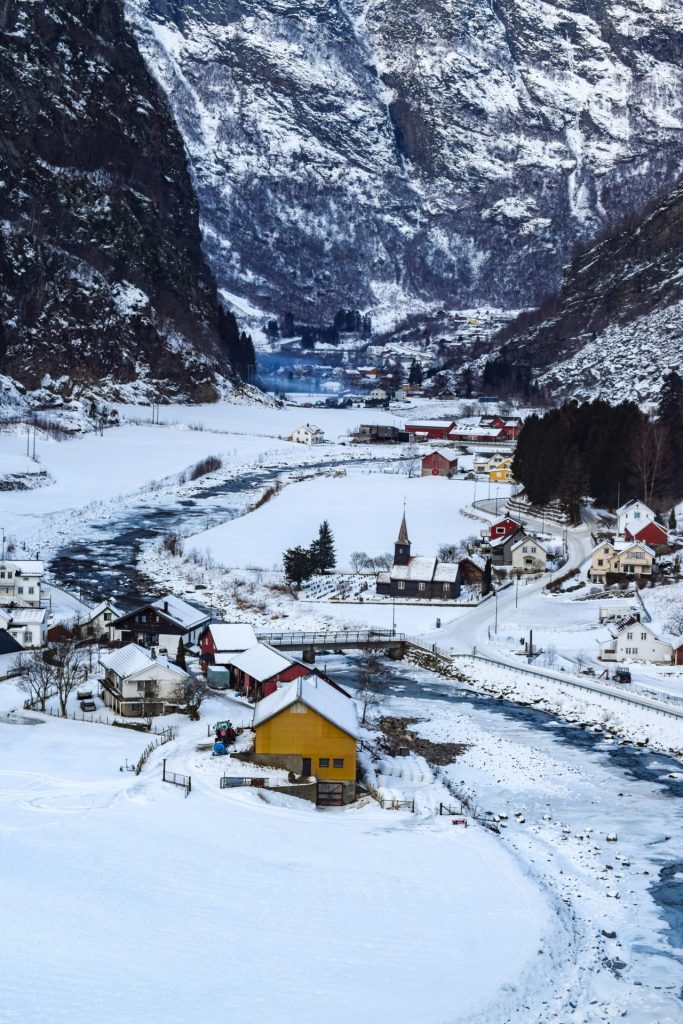 Village in the snow viewed from the Flam railway