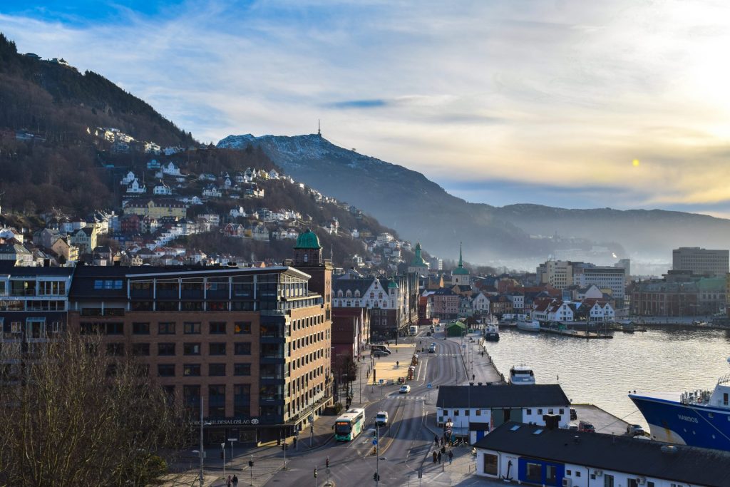 View of Bergen from the Rosenkrantz tower with mist coming down from the mountains.