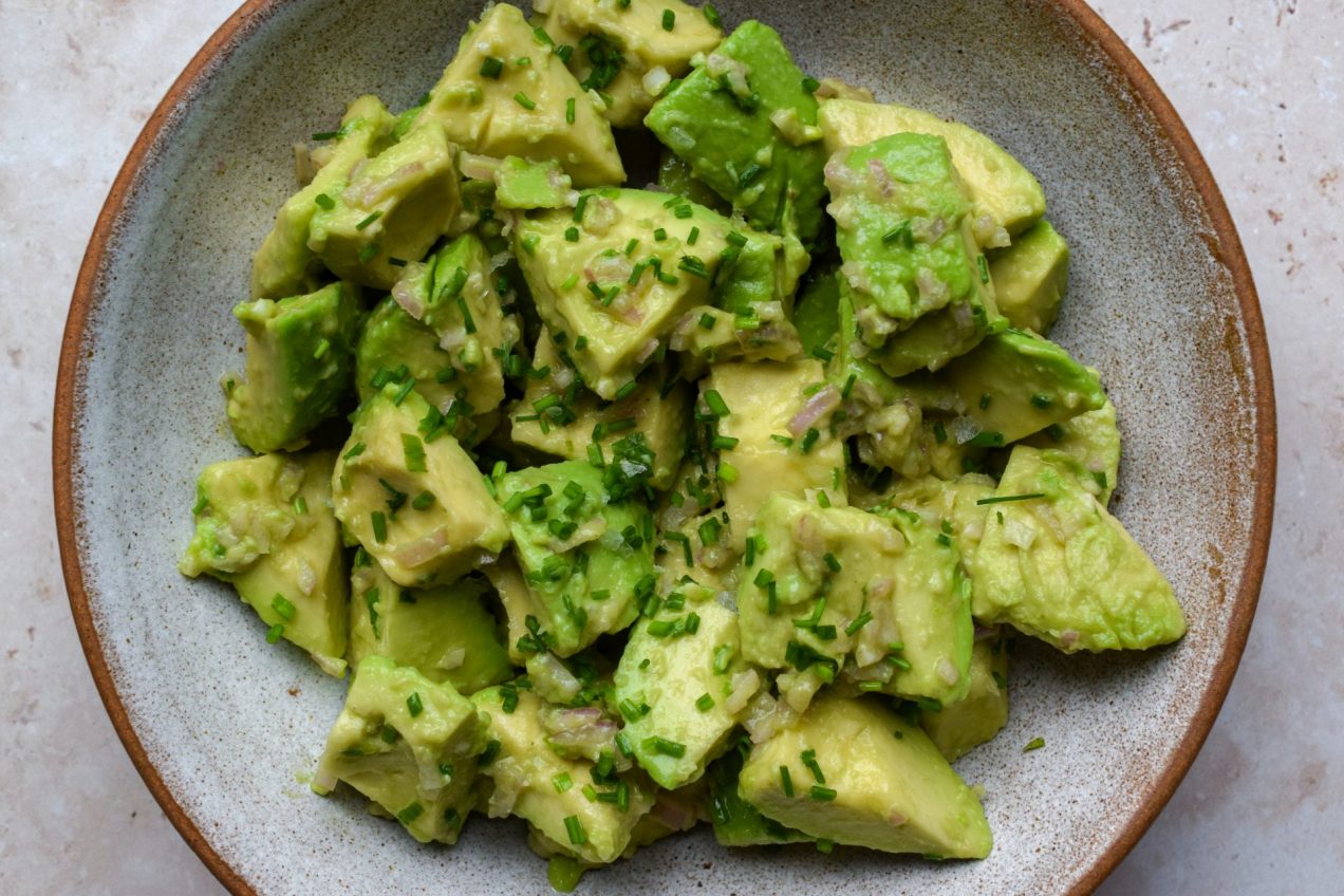 Close up of a bowl of French avocado salad.