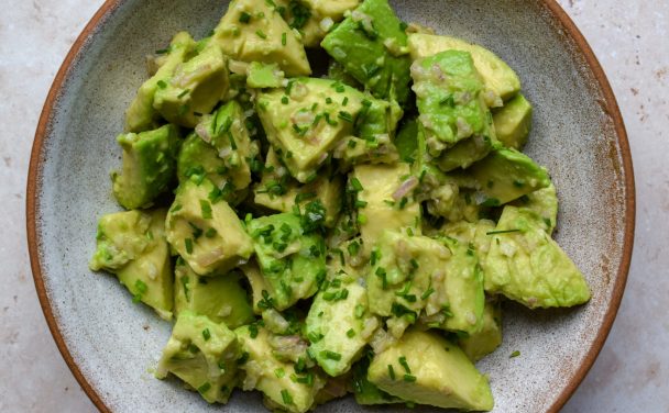 Close up of a bowl of French avocado salad.