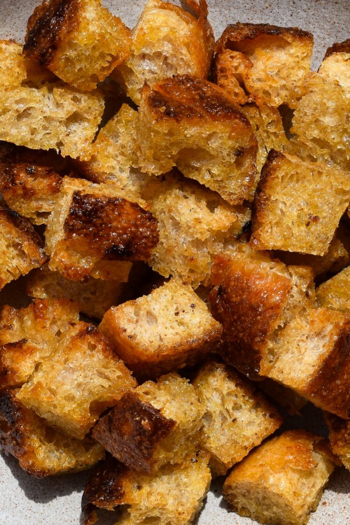 Close up of homemade croutons.