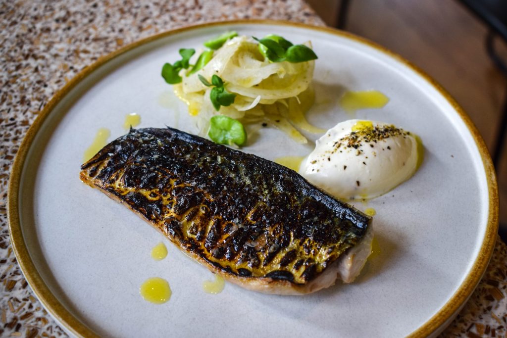 A torched mackerel fillet on a plate next to a quenelle of creme fraiche and a shaved fennel and broad bean salad.