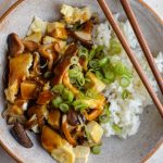 Close up of a bowl of mushroom, tofu and egg stir fry served with white rice, spring onions and a glossy ankake sauce.